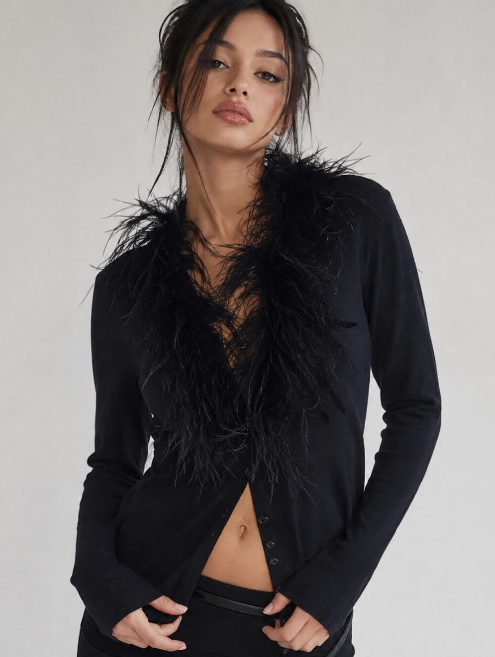 Tina Hagen Silk Blend Sweater with Ostrich Feather Collar, Size M
